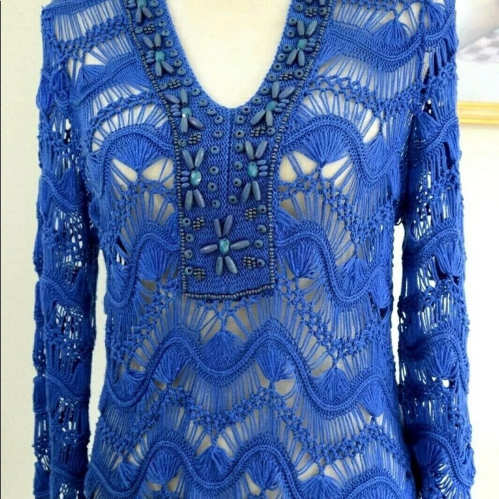 Chicos  Blue Open Knit 3/4 Sleeve Embellished V-Neck Pullover Sweater Sz…